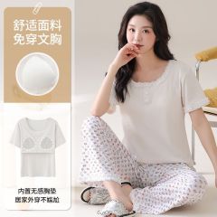 Summer ice thread with chest pad lace round neck short sleeve trousers pajamas women's home clothes