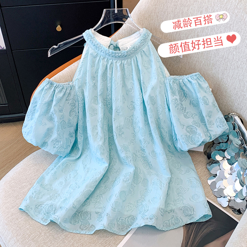 Real shot + video 2025 summer new French fashion round neck slim and versatile shirt