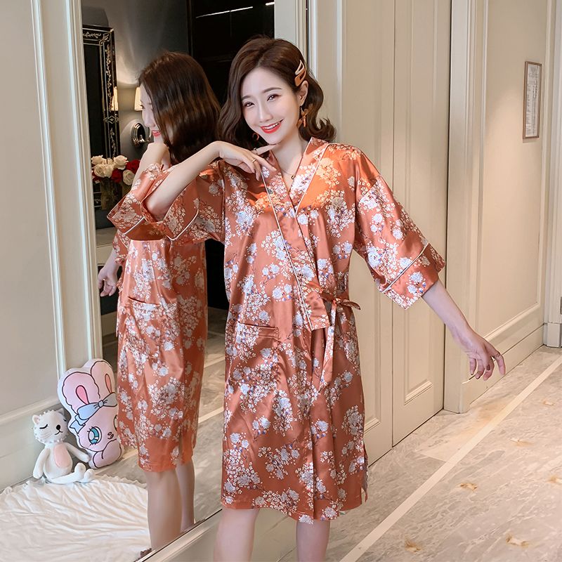 Summer imitation silk quarter sleeve kimono robe women's nightgown home clothes sexy bathrobe live broadcast
