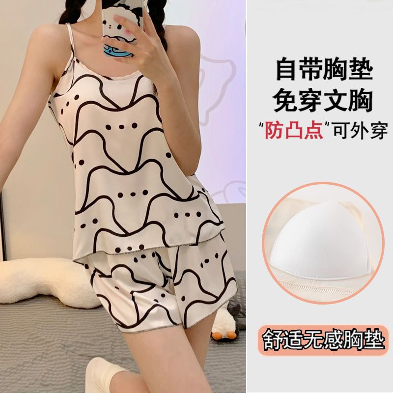 Summer ice and snow ribbon chest pad sexy suspender shorts pajamas women's suit home clothes