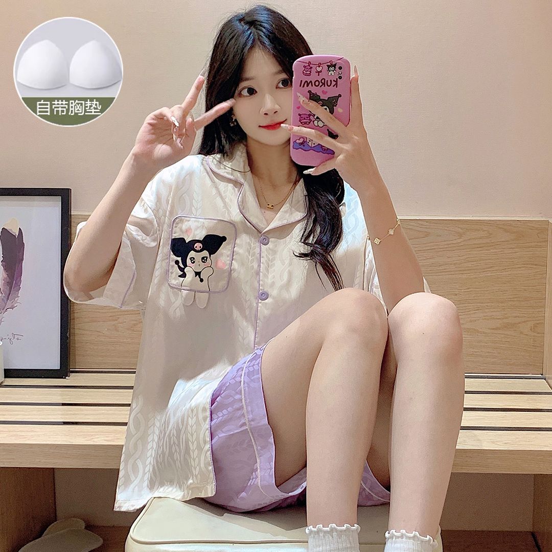 Summer imitation silk jacquard with chest pad lapel cardigan shorts shorts pajamas women's suit