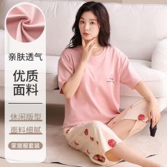 Summer knitted cotton 6535 round neck short sleeve cropped pants pajamas women's suit casual home clothes