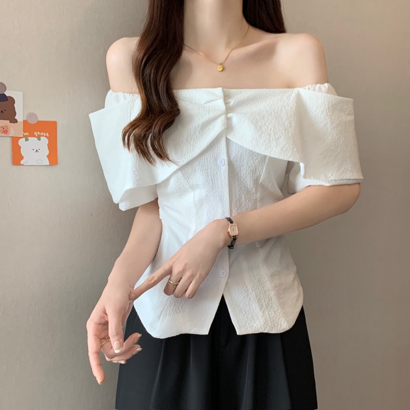 Real shot - Large size women's summer new fat MM Korean version one-shoulder slim design design ruffled lapel top