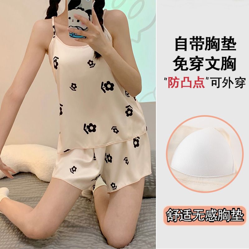 Summer ice and snow ribbon chest pad sexy suspender shorts pajamas women's suit home clothes