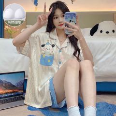 Summer imitation silk jacquard with chest pad lapel cardigan shorts shorts pajamas women's suit