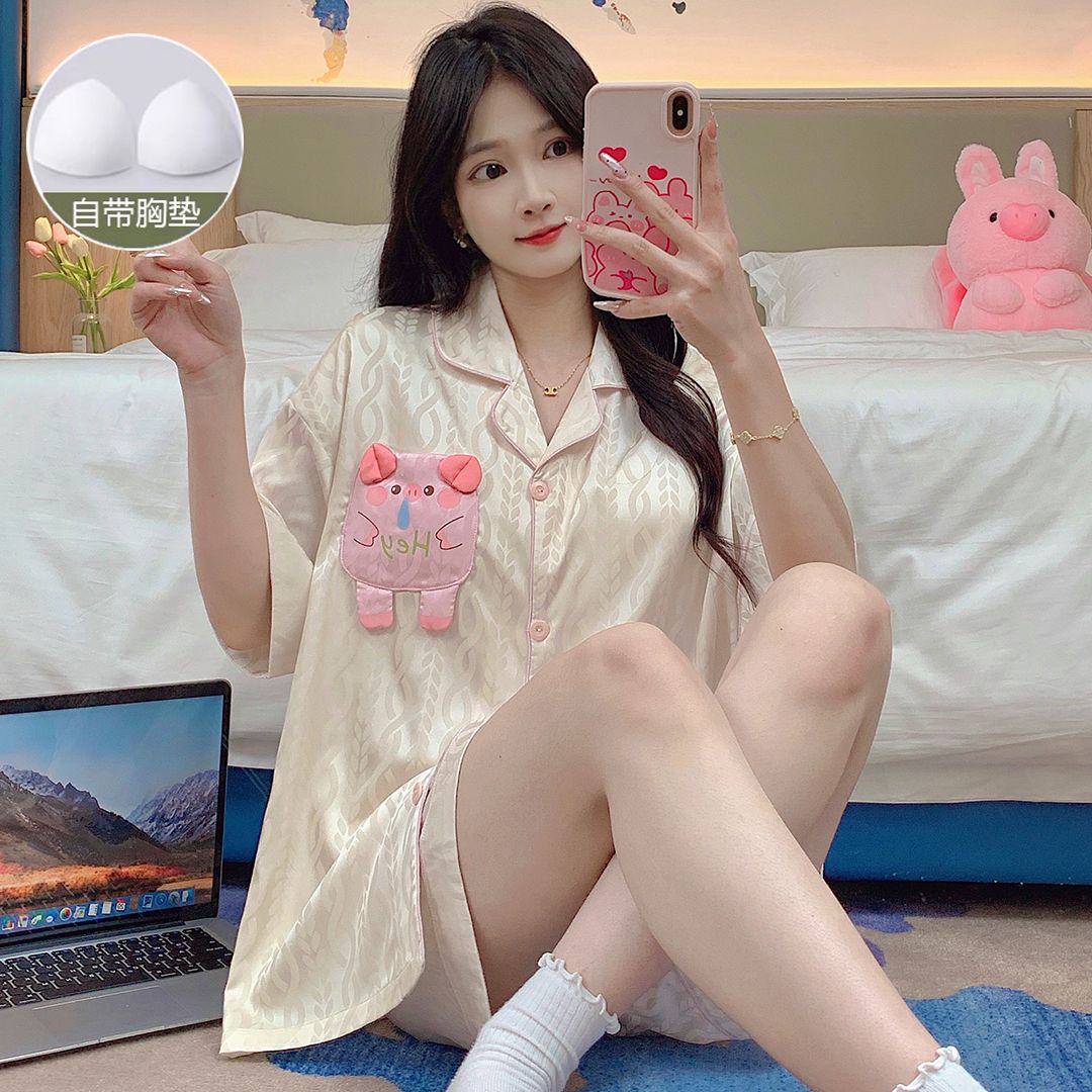 Summer imitation silk jacquard with chest pad lapel cardigan shorts shorts pajamas women's suit