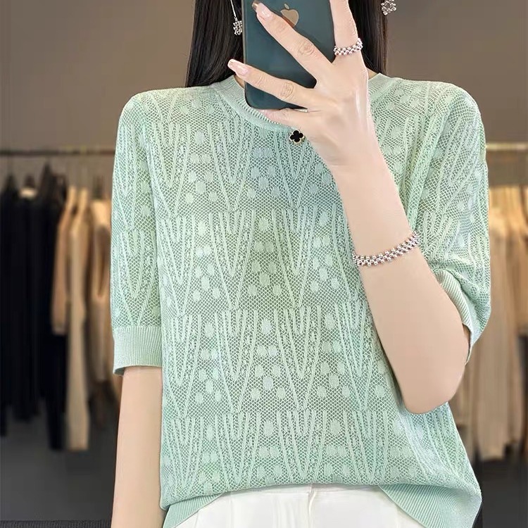New summer ice silk knitted short-sleeved women's round neck hollow jacquard half-sleeved top loose T-shirt short base shirt