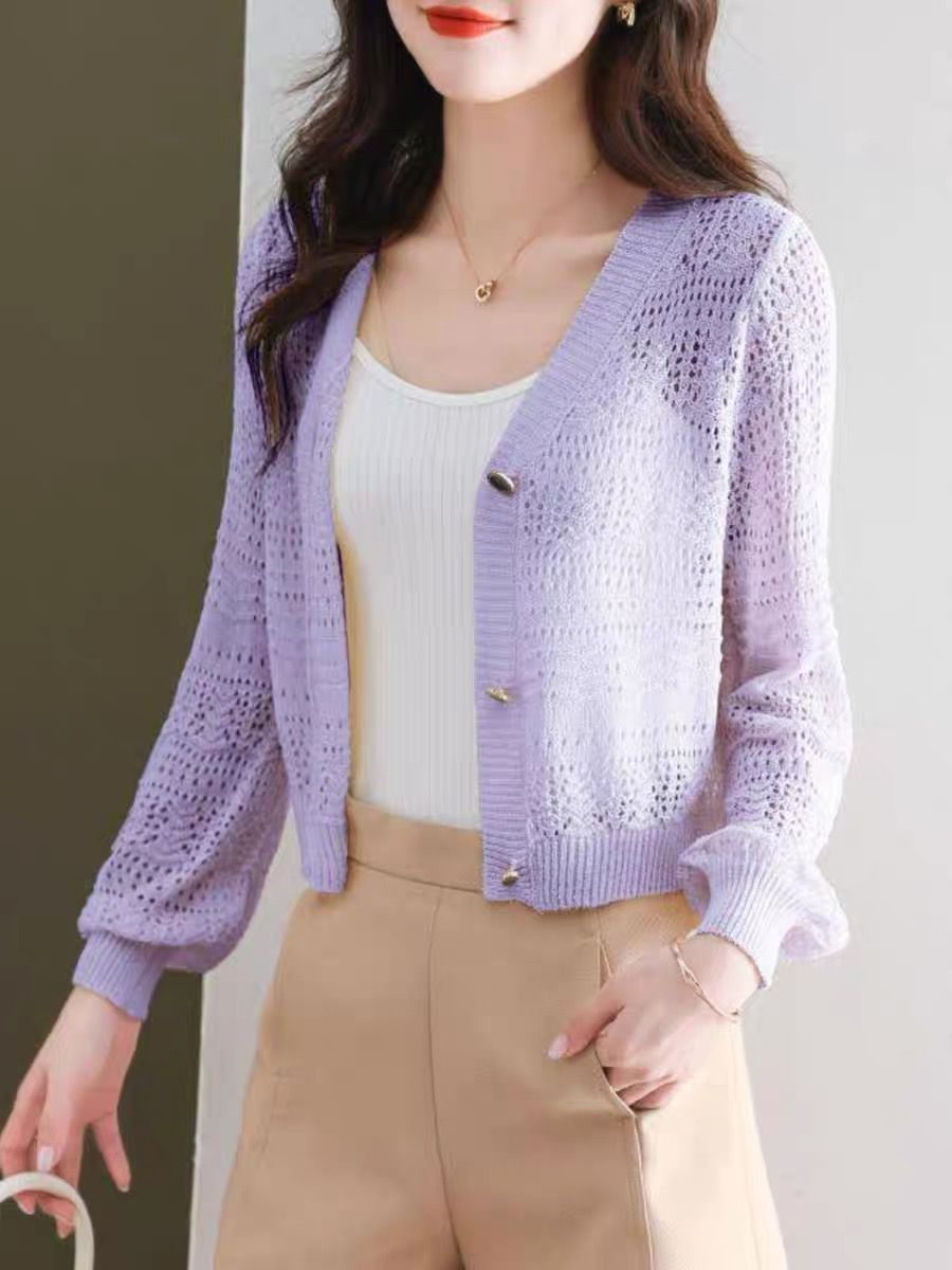 Short high-waist ice silk knitted cardigan for women in summer with suspender skirt loose hollow sun protection jacket