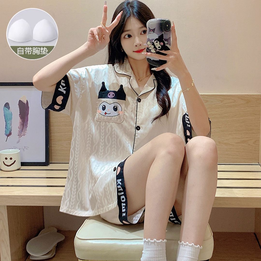 Summer imitation silk jacquard with chest pad lapel cardigan shorts shorts pajamas women's suit