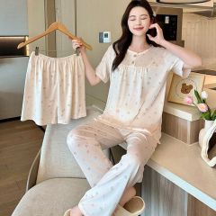 Summer imitation cotton round neck short-sleeved three-piece pajamas women's suit casual outdoor wear