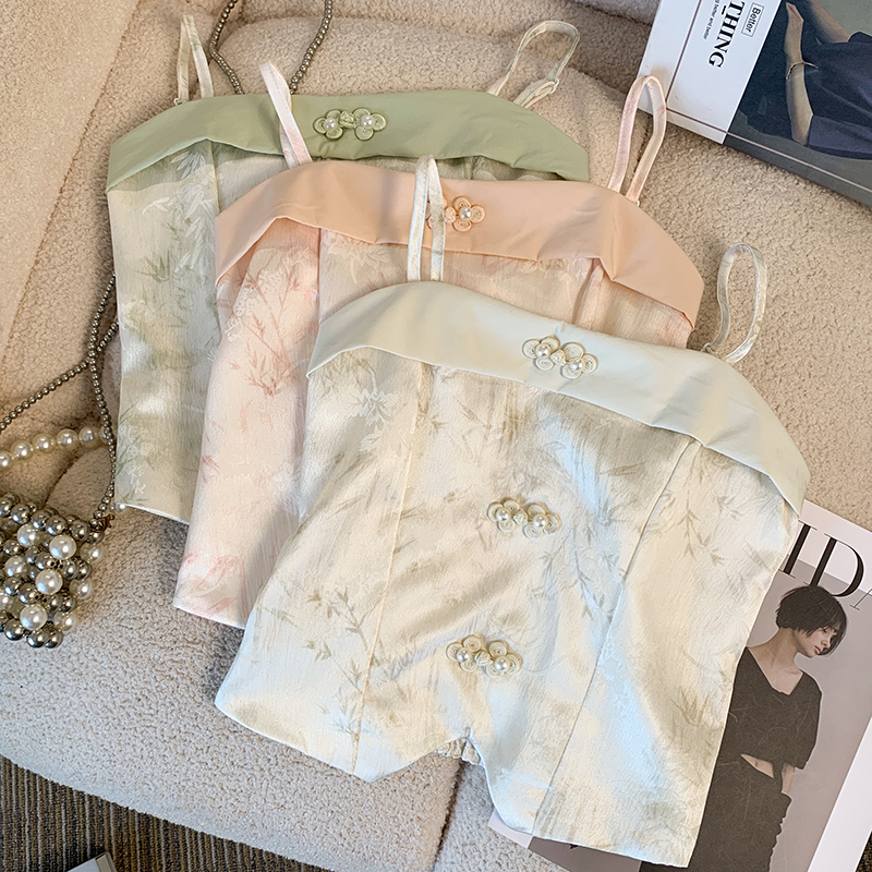 Real shot of new Chinese style Chinese style buckle small suspender vest for women wearing hot girls pure desire short top summer trouser breast