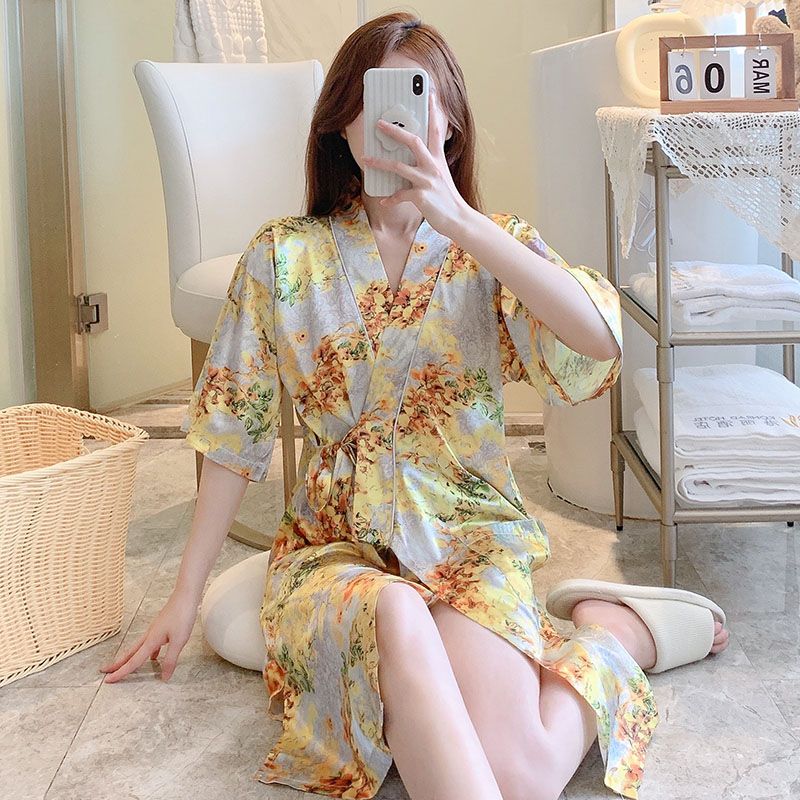 Summer imitation silk quarter sleeve kimono robe women's nightgown home clothes sexy bathrobe live broadcast