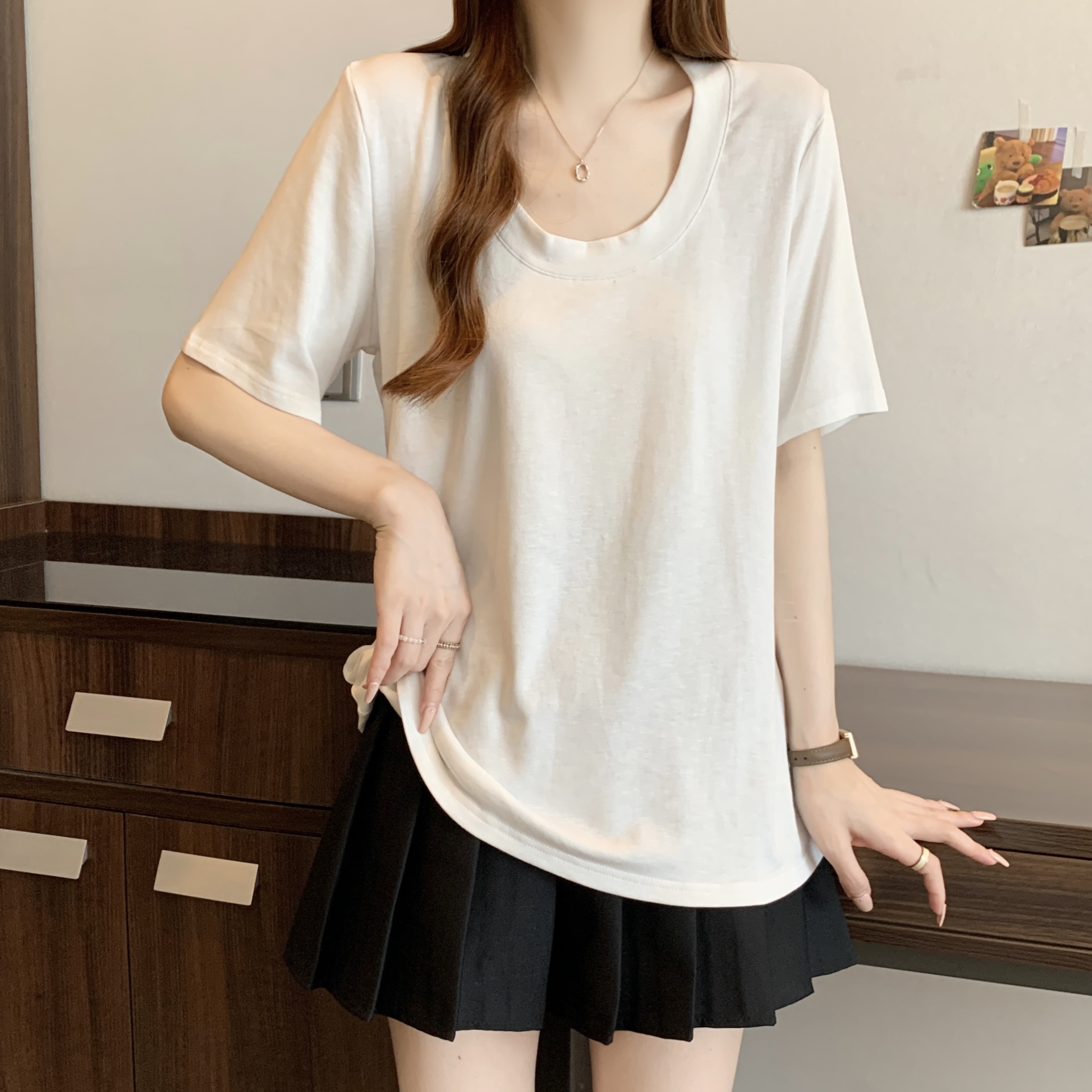 Real shot, large size fat MM facial mask, large U-neck breathable thin, loose and slim simple T-shirt top