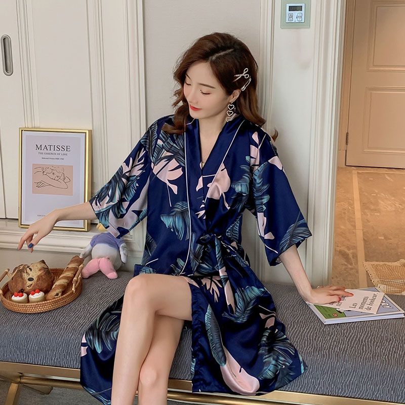 Summer imitation silk quarter sleeve kimono robe women's nightgown home clothes sexy bathrobe live broadcast