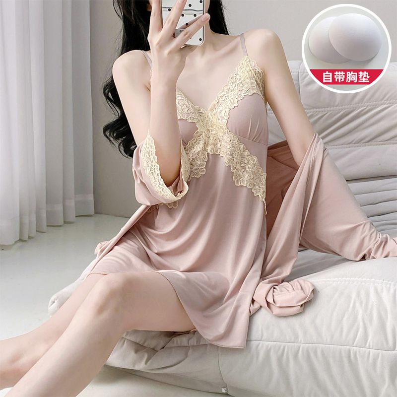 Summer modal lace lace with chest pad suspender kimono for women two-piece home clothes