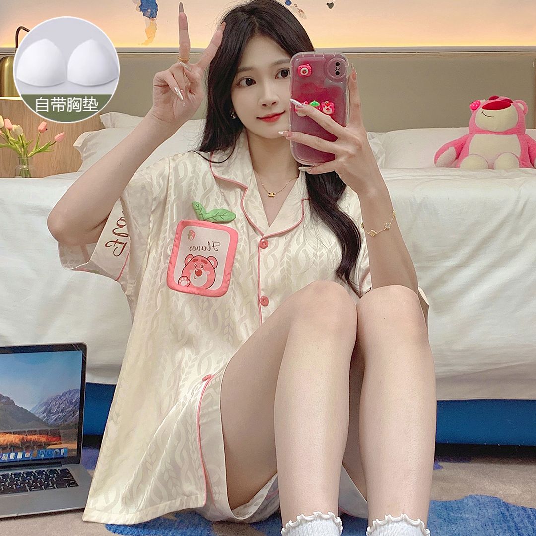 Summer imitation silk jacquard with chest pad lapel cardigan shorts shorts pajamas women's suit