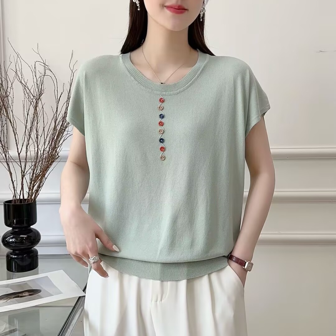 2025 summer new fashion round neck color button fly sleeve knitted large size women's fashionable versatile slim top trendy
