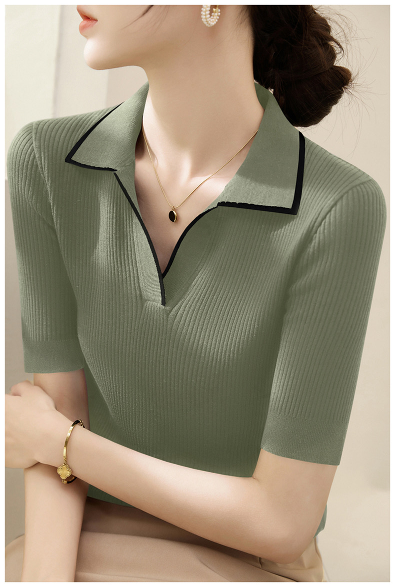 Summer 2025 new polo neck, half sleeve sweater, women's loose high-end front shoulder color blocking top