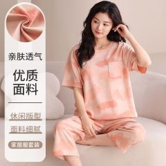 Summer knitted cotton 6535 round neck short sleeve cropped pants pajamas women's suit casual home clothes
