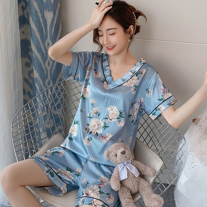 Summer imitation silk V-neck plus fat plus size casual short-sleeved pajamas women's suit home clothes
