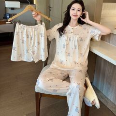 Summer imitation cotton round neck short-sleeved three-piece pajamas women's suit casual outdoor wear