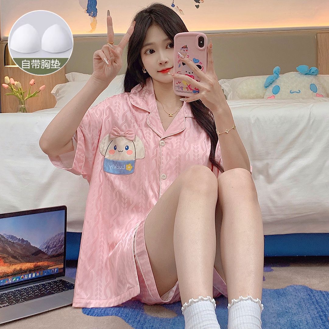 Summer imitation silk jacquard with chest pad lapel cardigan shorts shorts pajamas women's suit