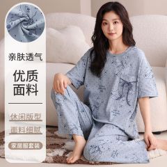 Summer knitted cotton 6535 round neck short sleeve trousers pajamas women's suit comfortable home clothing