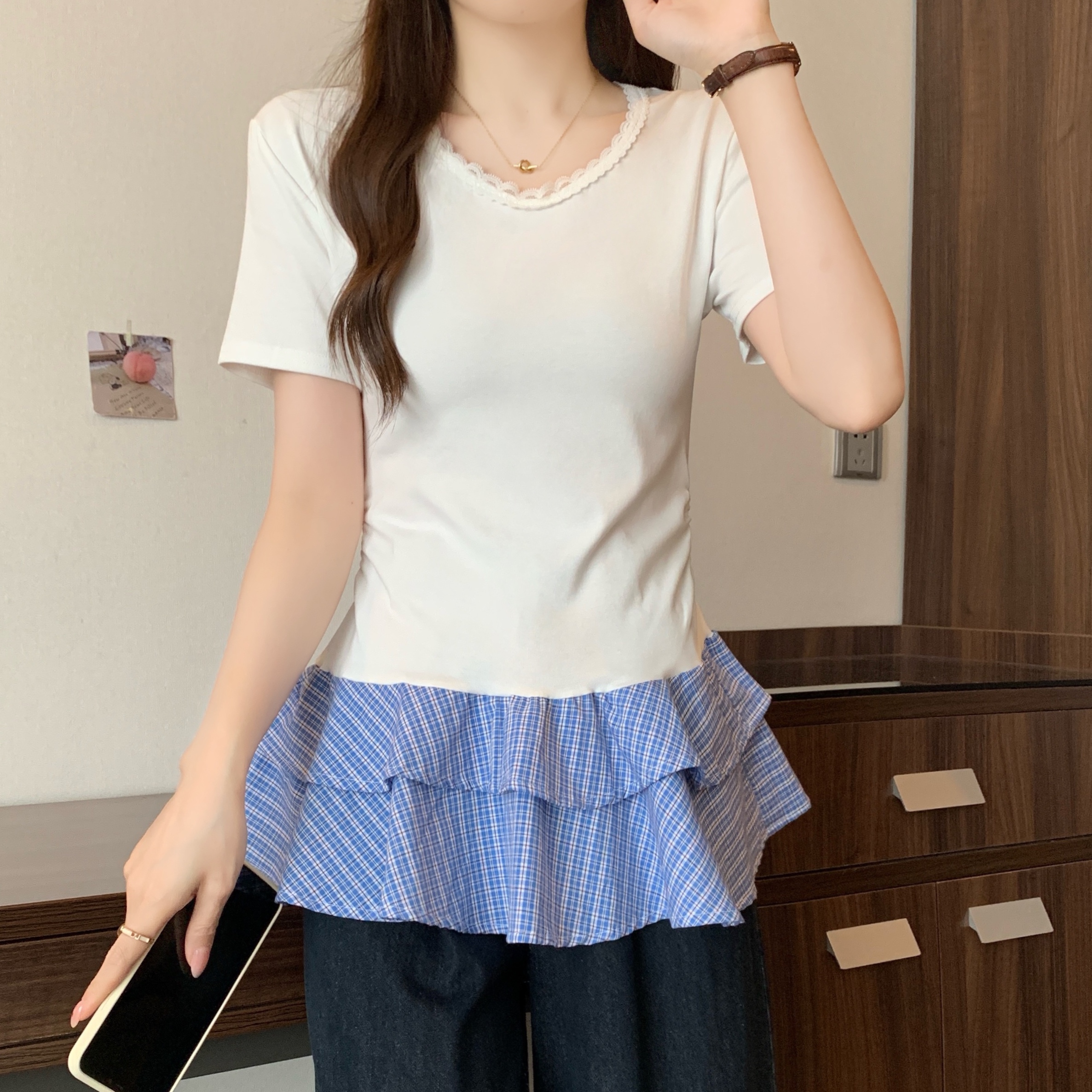 Real shot of large size fat MM simple round neck slim fit slim splicing plaid shoulder T-shirt top
