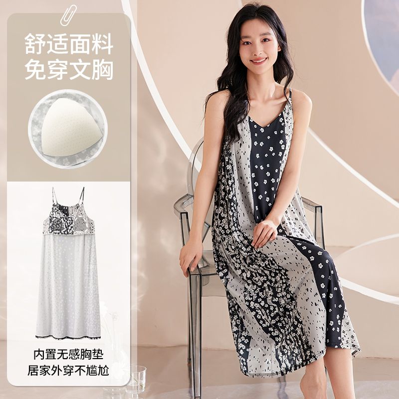 Summer ice threaded chest pad sexy suspender nightgown women's home clothes body dress