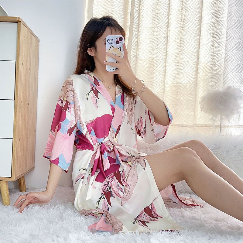Summer imitation silk quarter sleeve kimono robe women's nightgown home clothes sexy bathrobe live broadcast