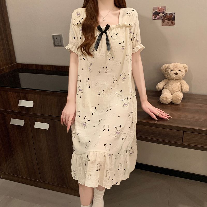 Summer cloud cotton with chest pad one-shoulder short-sleeved nightgown ladies princess style home clothes