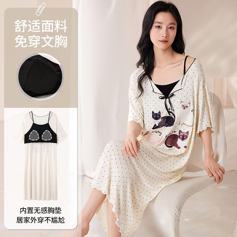 Summer modal sexy short-sleeved nightgown with chest pads for women's home clothes off-shoulder nightgown