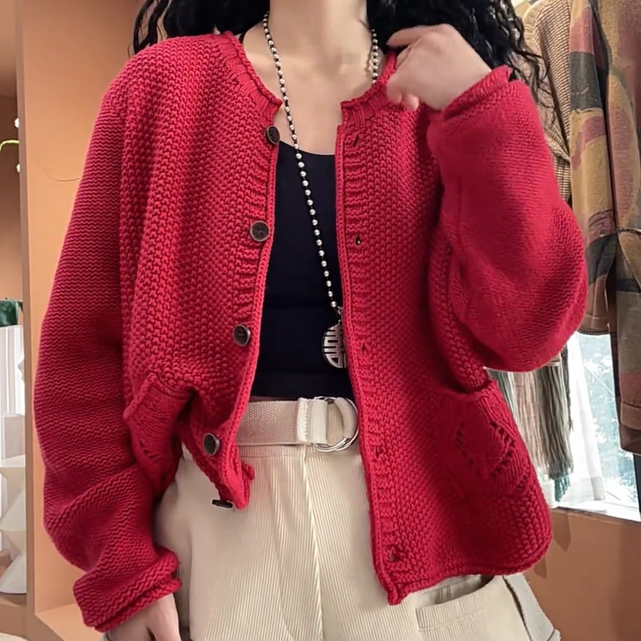 2025 spring new retro fashion women's knitted cardigan jacket casual round neck loose age-reducing top