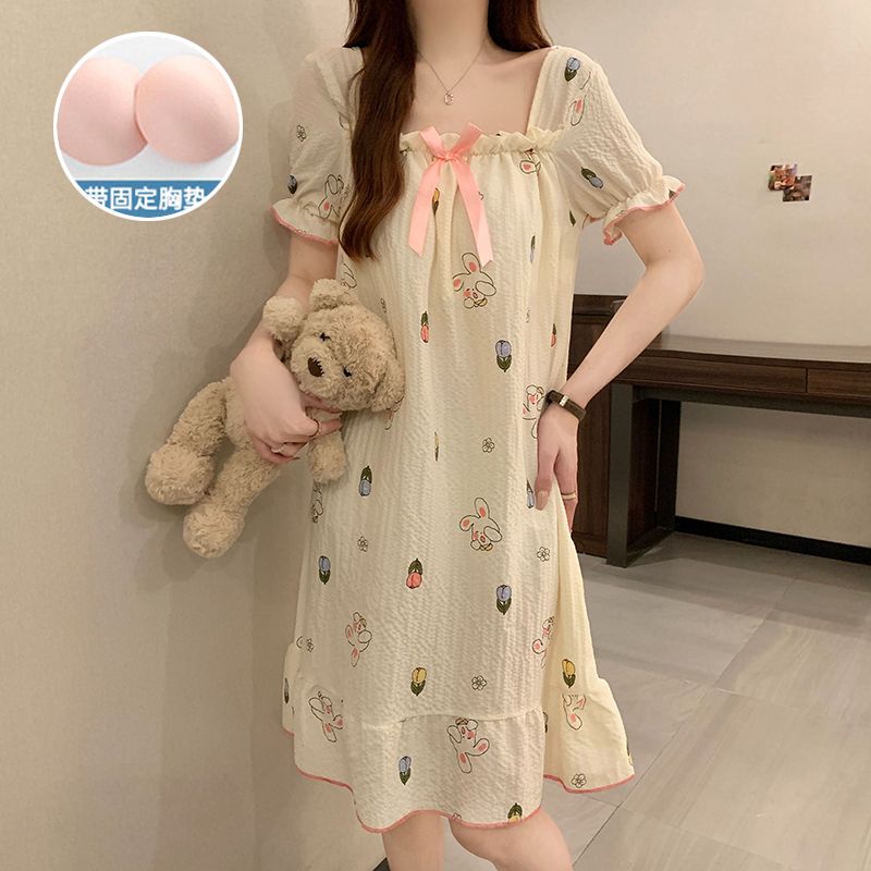 Summer bubbles, zoo cotton with chest pads, one-shoulder short-sleeved nightgown, ladies casual home clothes