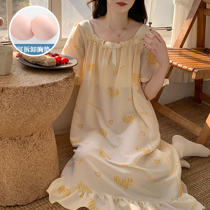 Summer cloud cotton with chest pad one-shoulder short-sleeved nightgown women's home clothes Korean style skirt