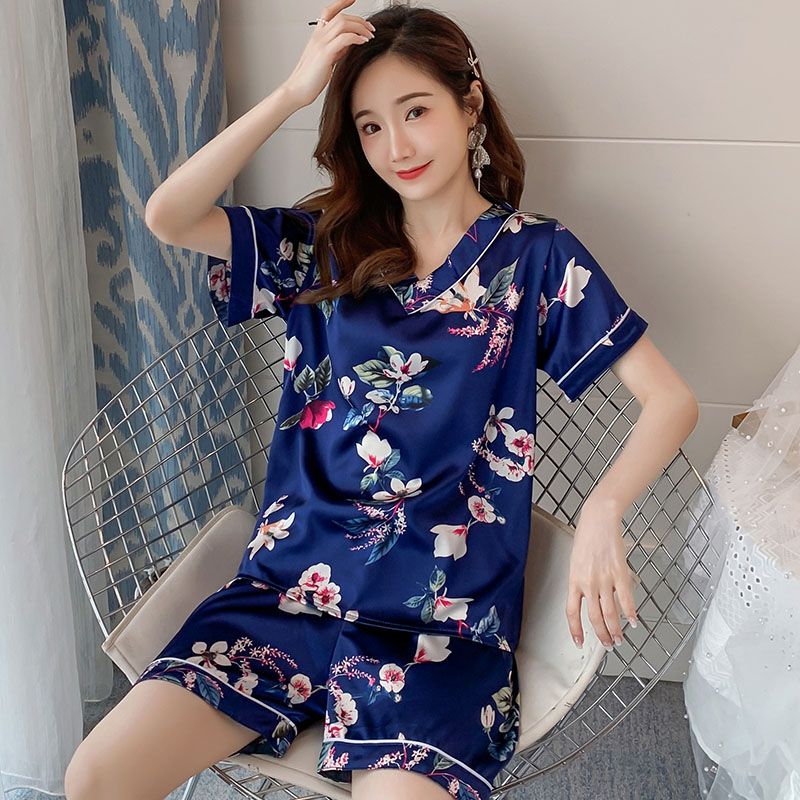 Summer imitation silk V-neck plus fat plus size casual short-sleeved pajamas women's suit home clothes