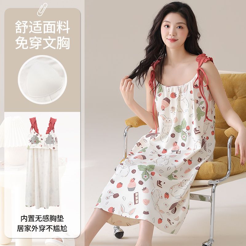 Summer pure cotton with chest pad sexy suspender nightgown ladies home clothes princess style nightgown
