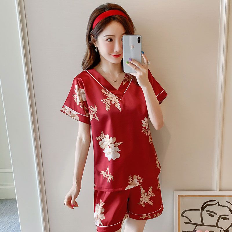 Summer imitation silk V-neck plus fat plus size casual short-sleeved pajamas women's suit home clothes