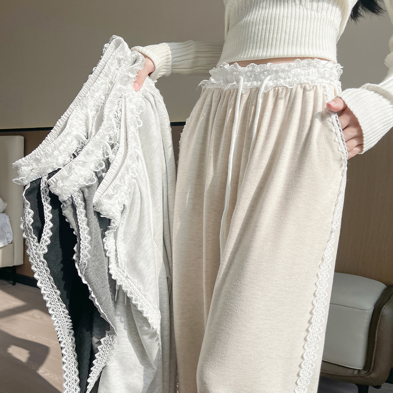 Real shot 2 high waist thin lace splicing to make slim flower buds waist casual wide-leg pants trousers sports pants women