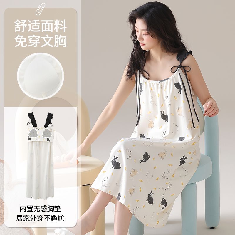 Summer pure cotton with chest pad sexy suspender nightgown ladies home clothes princess style nightgown