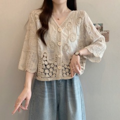 Real shot-2025 large-size women's clothing fat girl's new summer style slim and heavy lace hollow hook top