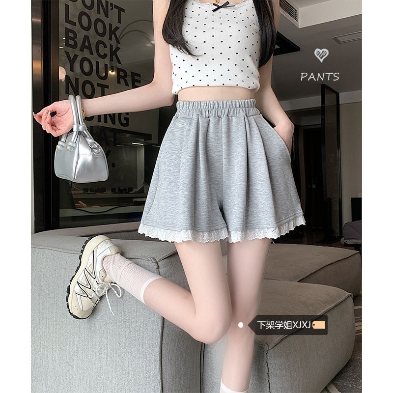 法式復古蕾絲花邊三分褲女夏款高腰顯瘦闊腿短褲休閒a字運動褲子