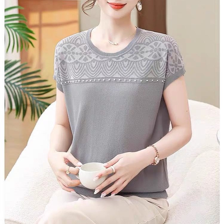 Summer ice silk short-sleeved T-shirt for women 2025 new middle-aged mother summer thin loose and fashionable knitted sweater top