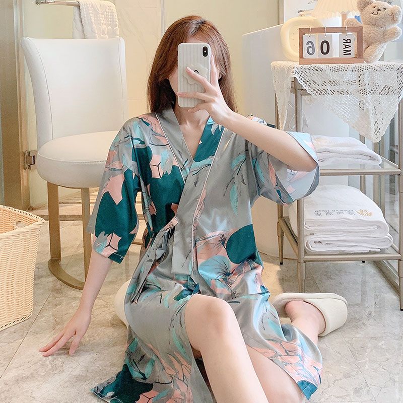 Summer imitation silk quarter sleeve kimono robe women's nightgown home clothes sexy bathrobe live broadcast