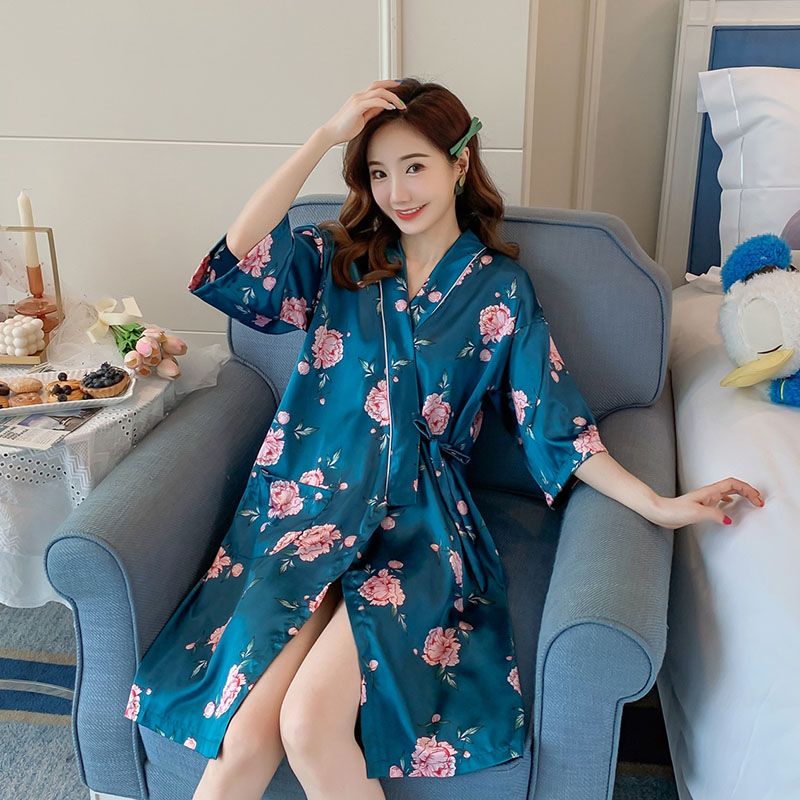 Summer imitation silk quarter sleeve kimono robe women's nightgown home clothes sexy bathrobe live broadcast