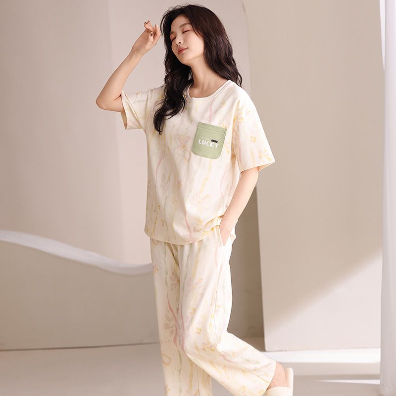Summer knitted cotton 6535 round neck short sleeve trousers pajamas women's suit comfortable home clothing