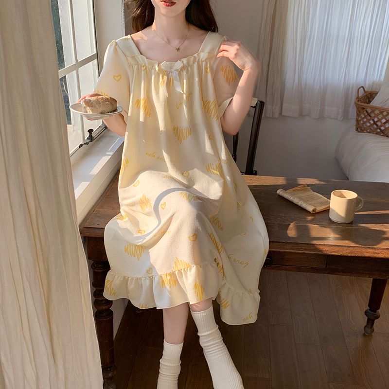 Summer cloud cotton with chest pad one-shoulder short-sleeved nightgown women's home clothes Korean style skirt