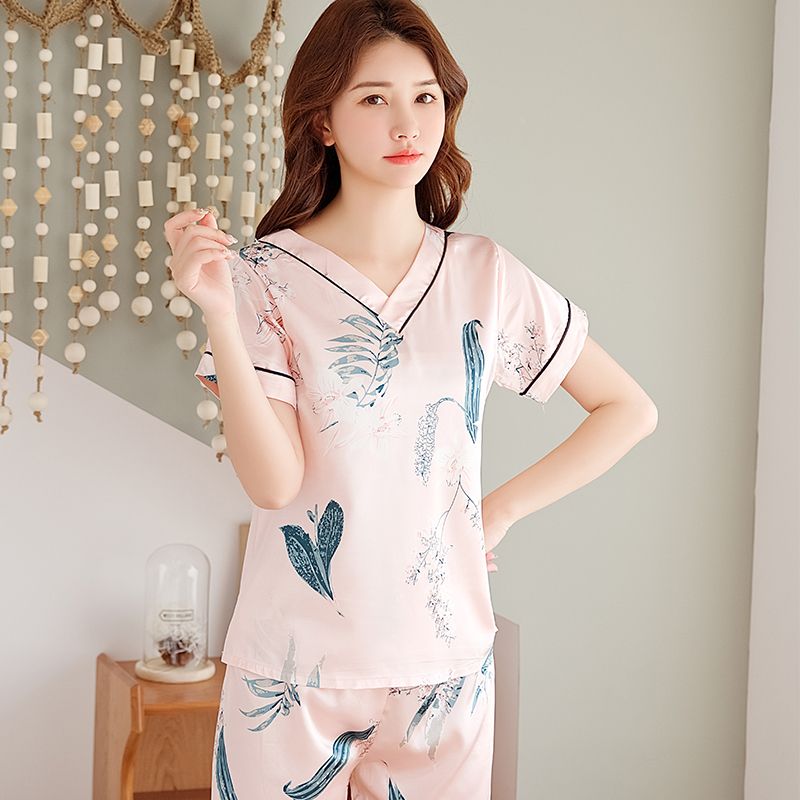 Summer imitation silk V-neck plus fat plus size casual short-sleeved pajamas women's suit home clothes
