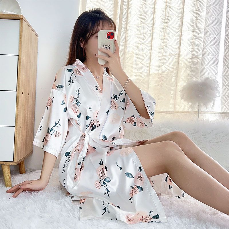 Summer imitation silk quarter sleeve kimono robe women's nightgown home clothes sexy bathrobe live broadcast