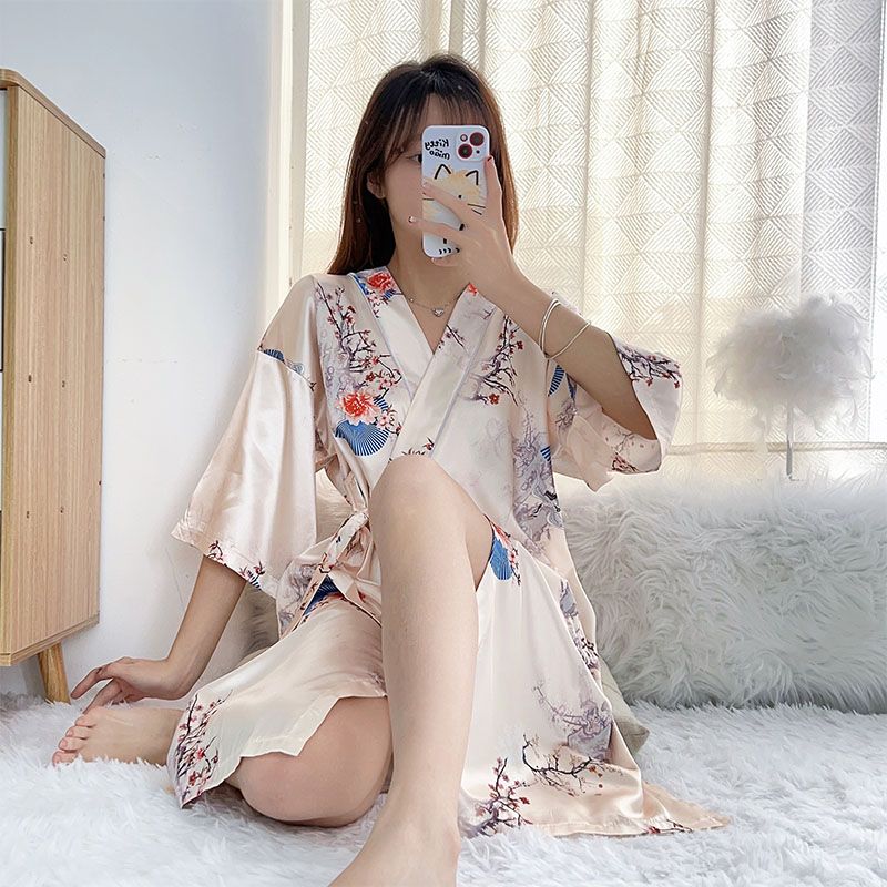 Summer imitation silk quarter sleeve kimono robe women's nightgown home clothes sexy bathrobe live broadcast